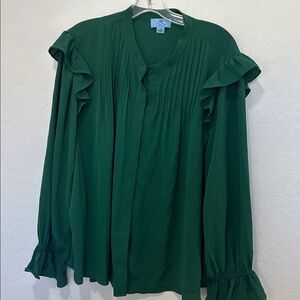 CeCe women’s plus size 3X blouse Green Top button up ruffle long sleeve business